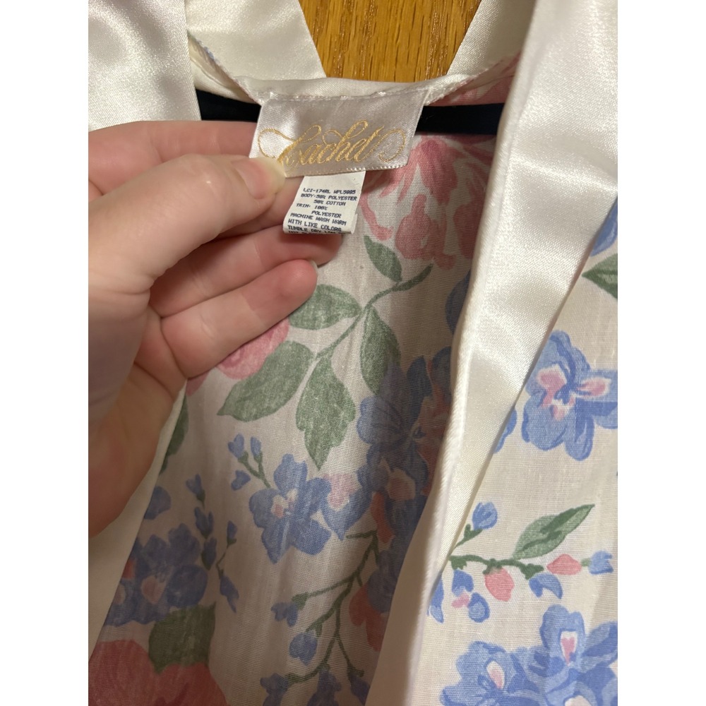 Vintage Floral Robe Satin Trimmed Loungewear Belted Pockets Women's Large L - Picture 8 of 11